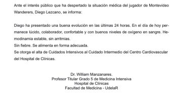 Publicaron el último parte médico de Diego Lezcano, el futbolista uruguayo de 20 años que sufrió una arritmia