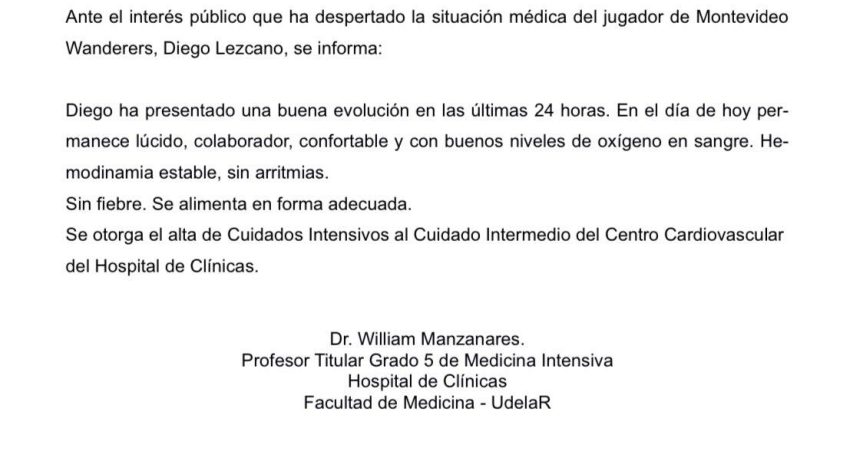 Publicaron el último parte médico de Diego Lezcano, el futbolista uruguayo de 20 años que sufrió una arritmia