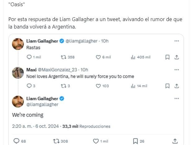 Liam Gallagher aseguró que Oasis podría volver a la Argentina durante su gira mundial