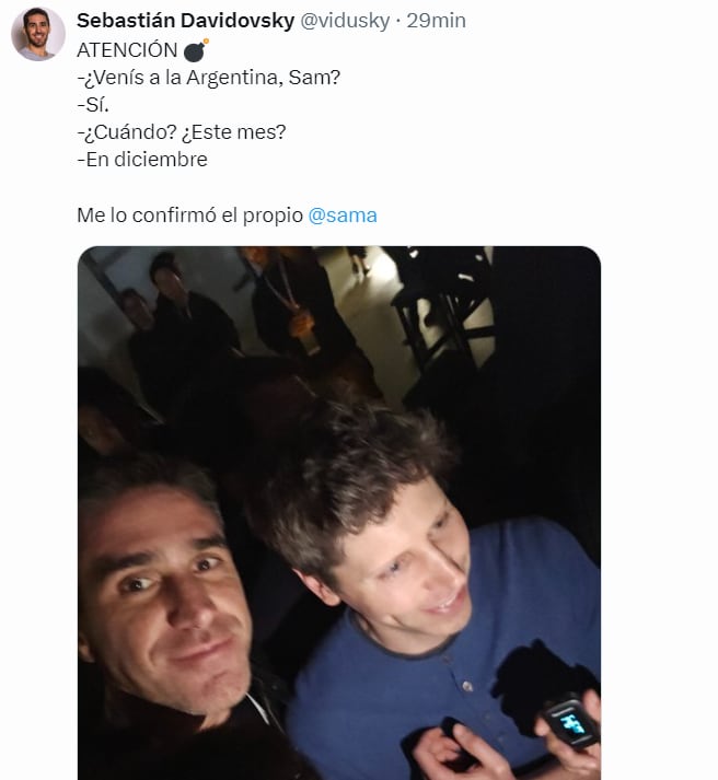 Sam Altman, cofundador y CEO de OpenAI anunció que visitará Argentina en diciembre. (Captura: X/vidusky)