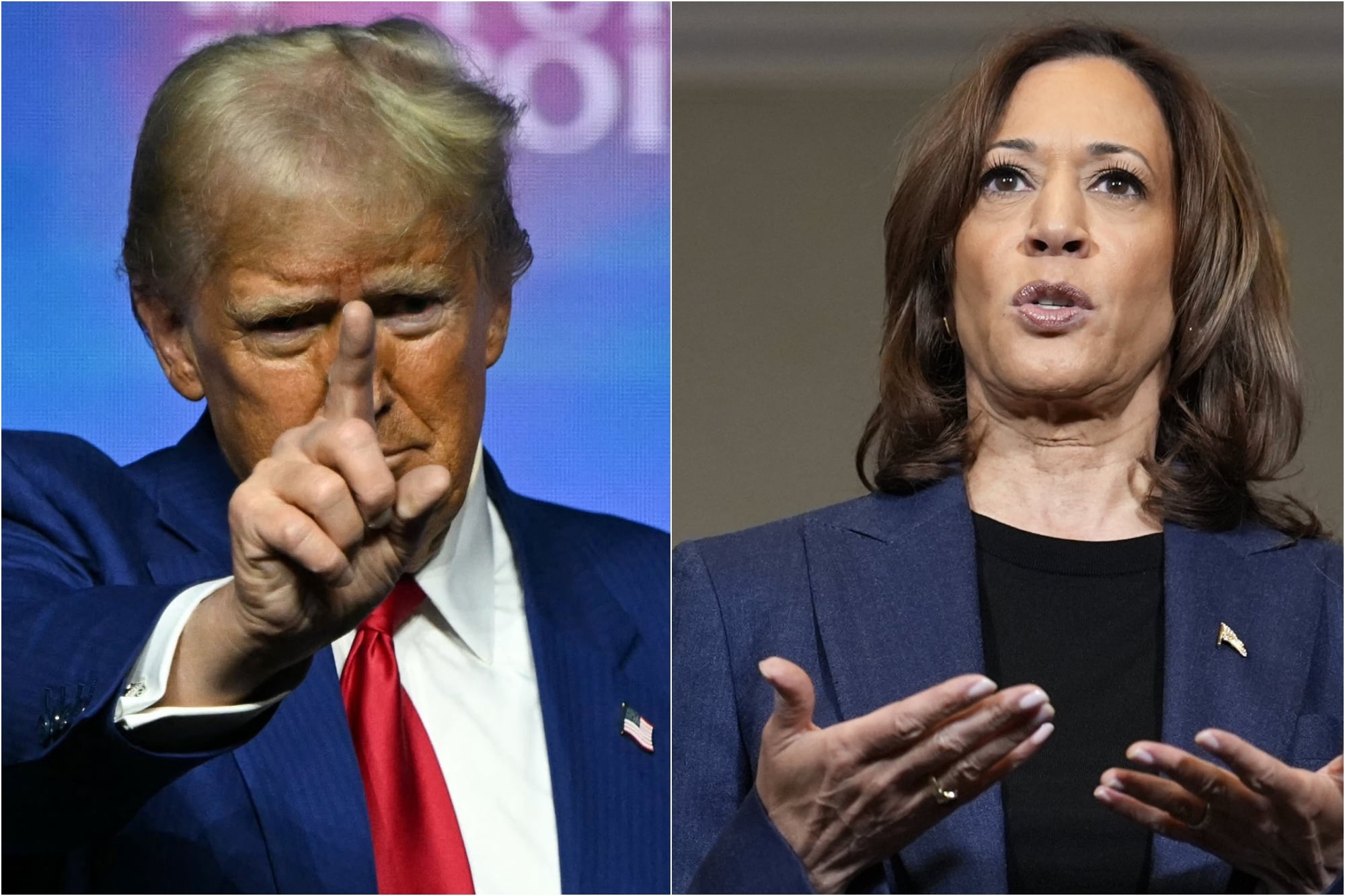 Donald Trump y Kamala Harris (montaje con imágenes de Patrick T. Fallon / AFP y AP Photo/Susan Walsh)