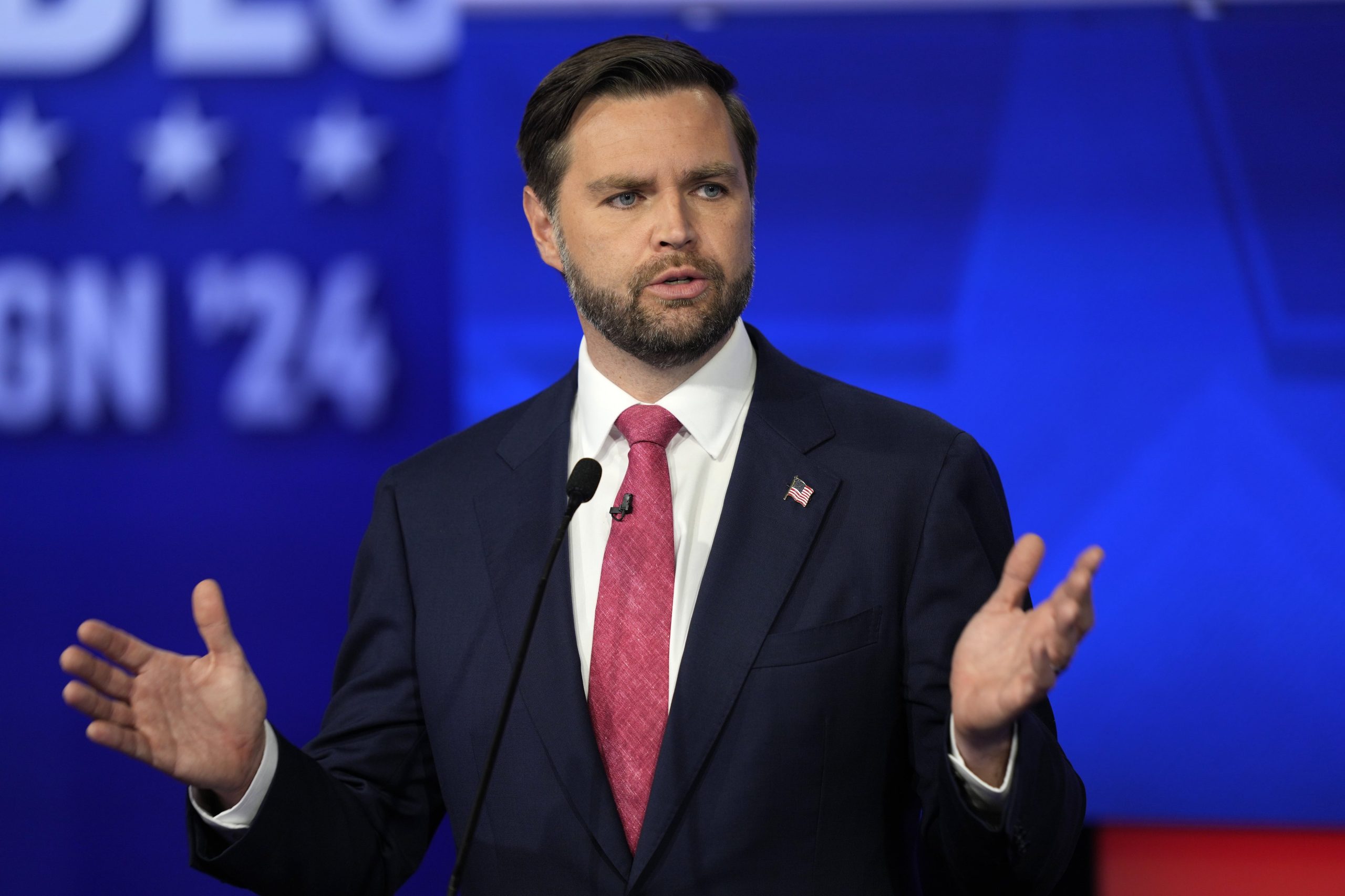 Republican vice presidential nominee Sen. JD Vance, R-Ohio, speaks during a vice presidential debate hosted by CBS News, with Democratic vice presidential candidate Minnesota Gov. Tim Walz, Tuesday, Oct. 1, 2024, in New York. (AP Photo/Matt Rourke)