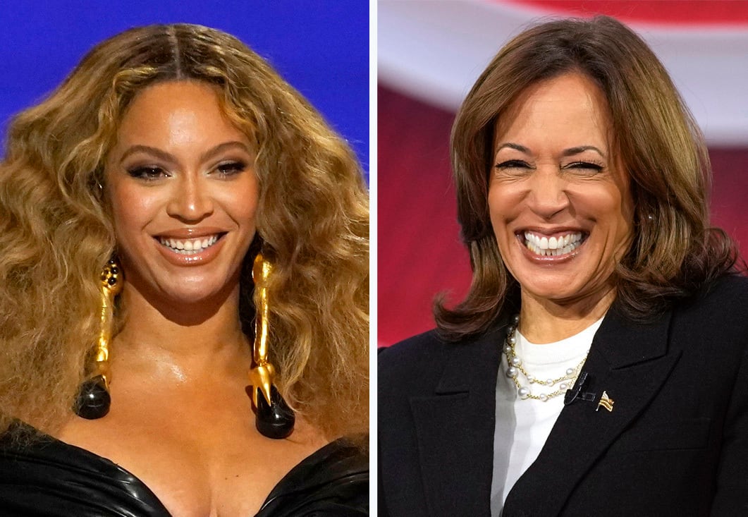 Esta combinación de fotografías muestra a Beyoncé en los premios Grammy en Los Ángeles, el 14 de marzo de 2021 (izquierda), y a la candidata demócrata a la presidencia, la vicepresidenta Kamala Harris, en un evento de la cadena CNN en Aston, Pensilvania, el 23 de octubre de 2024 (AP Foto)