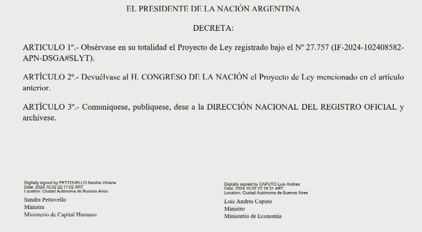 El Gobierno oficializó el veto a la Ley de Financiamiento Universitario: “No contempla el impacto fiscal”