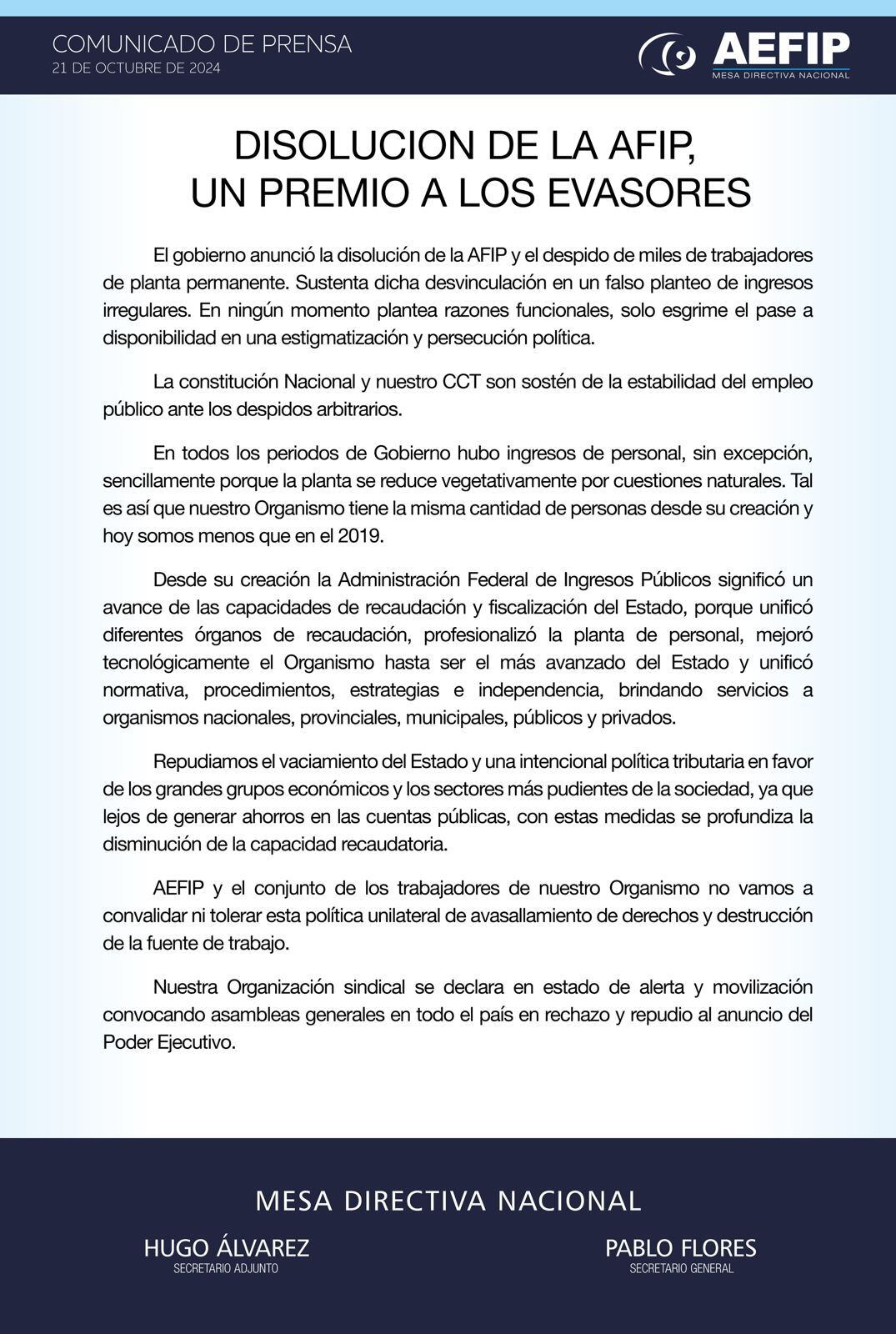 El comunicado de AEFIP. (Foto: AEFIP)