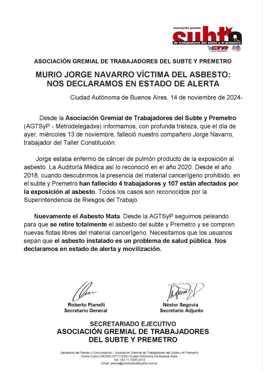 Comunicado de la Asociación Gremial de Trabajadores del Subte y Premetro (Agtsyp) que anuncia el paro de subtes este miércoles 20 de noviembre