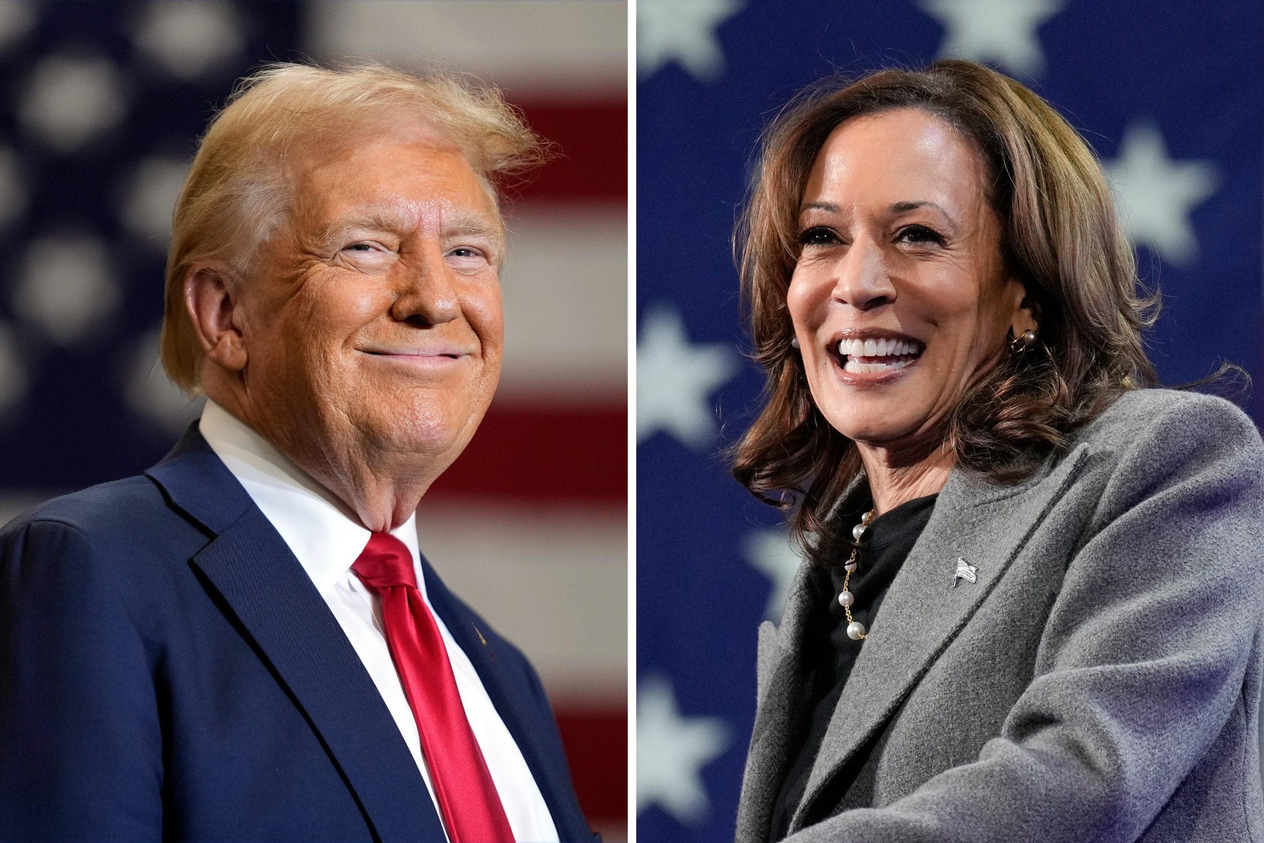 Esta combinación de fotografías muestra al expresidente Donald Trump, candidato presidencial republicano, a la izquierda, hablando en un evento de campaña el 25 de septiembre de 2024, en Mint Hill, Carolina del Norte, y a la vicepresidenta candidata presidencial demócrata Kamala Harris, a la derecha, hablando en un evento de campaña el 19 de octubre. de 2024, en Atlanta