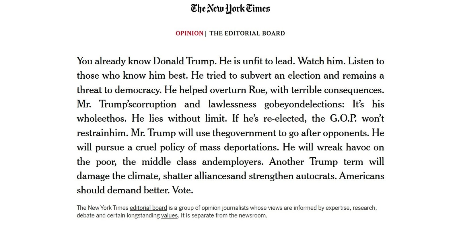 El editorial de The New York Times, que se pronunció en contra de Donald Trump