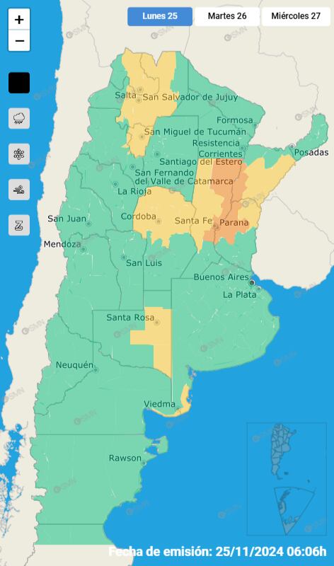 El mapa de alertas de tormentas para hoy (Foto: SMN),