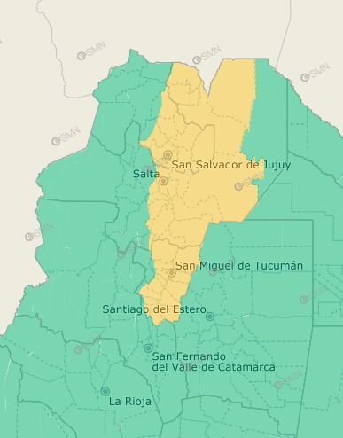 El mapa de la alerta amarilla por tormentas (Captura: SMN).