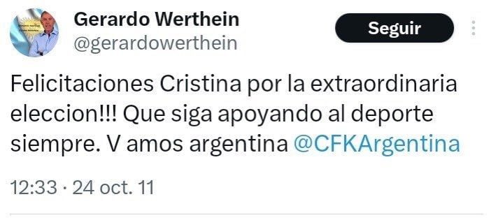 Un tuit de Werthein, del 24 de octubre de 2011, en el que felicitaba a Cristina Kirchner