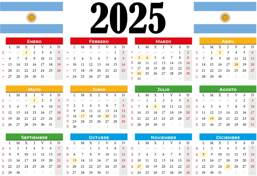 El calendario 2025 de feriados en la Argentina todavía no es oficial, pero se pueden adelantar algunas fechas (fuente: Calendarena)