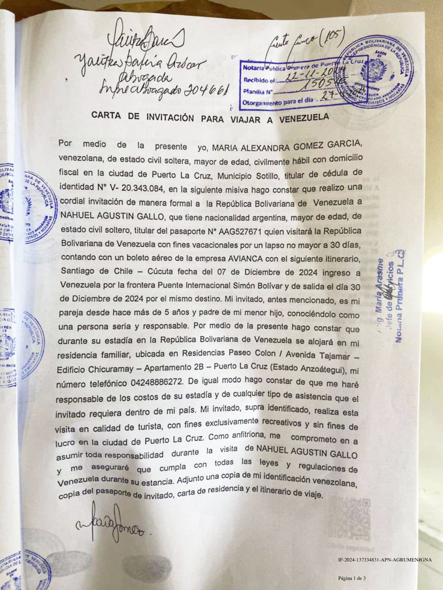 Caso Gallo: el certificado que comprobaría el aval del chavismo a la visita del gendarme a su pareja y su hijo