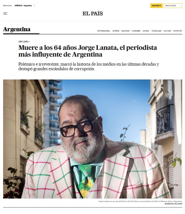 Nota de El País, de España, sobre la muerte de Lanata