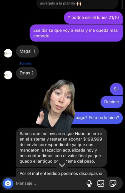 Los dueños de la página estafaron a una clienta y la tiktoker compartió el chat. (Captura: TikTok/@catidolce)