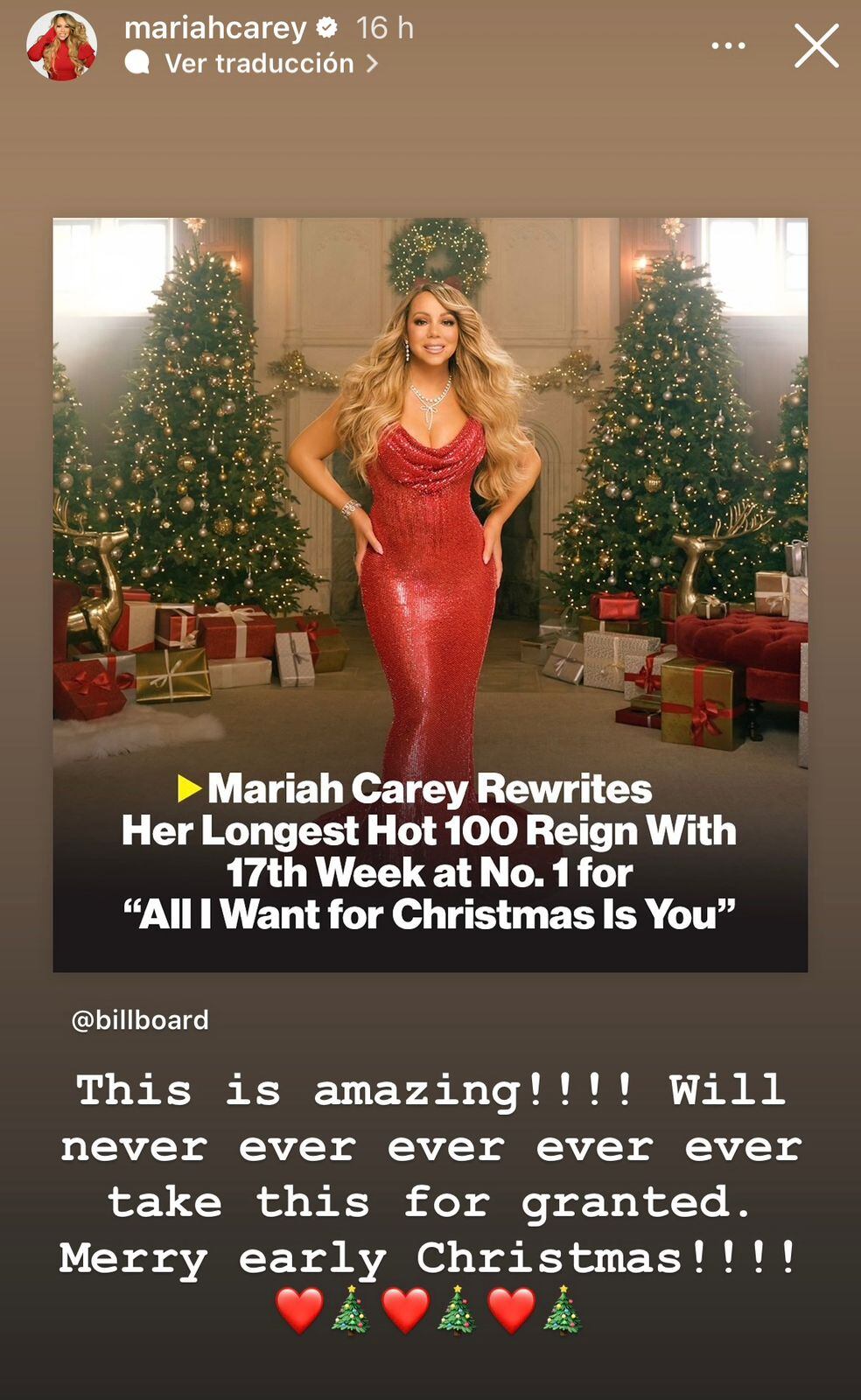 Mariah Carey y un sentido agradecimiento a sus oyentes por el éxito de All I Want for Christmas is You