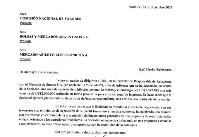 Supuesto ocultamiento de datos: la CNV denunció penalmente a Surcos, que afronta un millonario embargo y se presentará a un Procedimiento Preventivo de Crisis