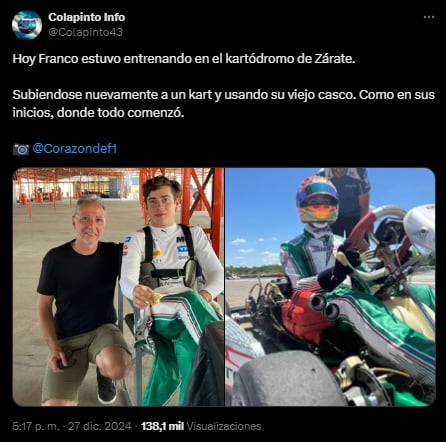 Los fans se emocionaron al ver a Colapinto a bordo de un karting y advirtieron que llevó su casco viejo (Foto: X @Colapinto43 / @Corazondef1)