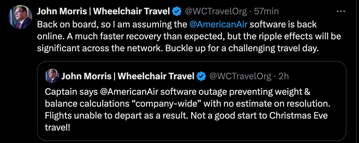 Los problemas de American Airlines justo en la previa de Nochebuena fueron comentados por los pasajeros en redes como X (@WCTravelOrg)