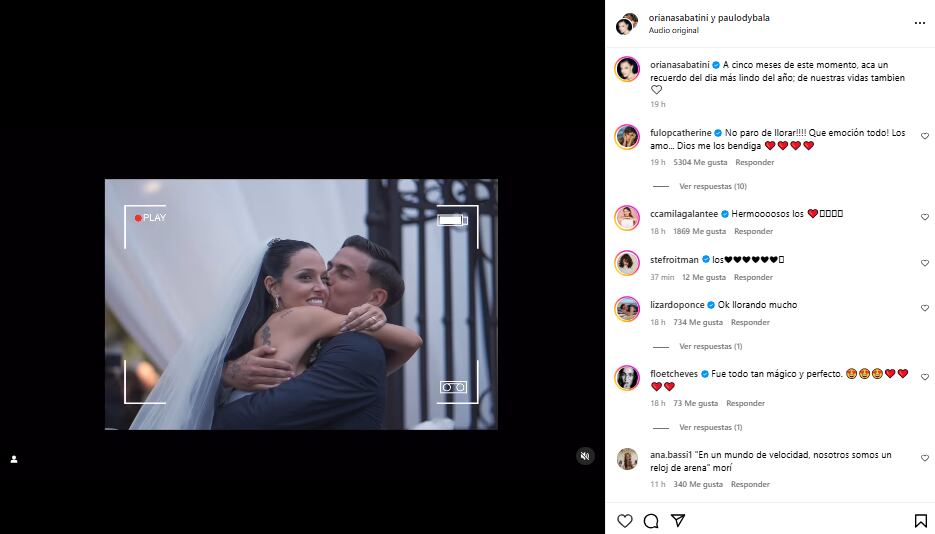 Oriana Sabatini publicó un emotivo video de su casamiento con Paulo Dybala (Foto: Captura de video / Instagram @orianasabatini)