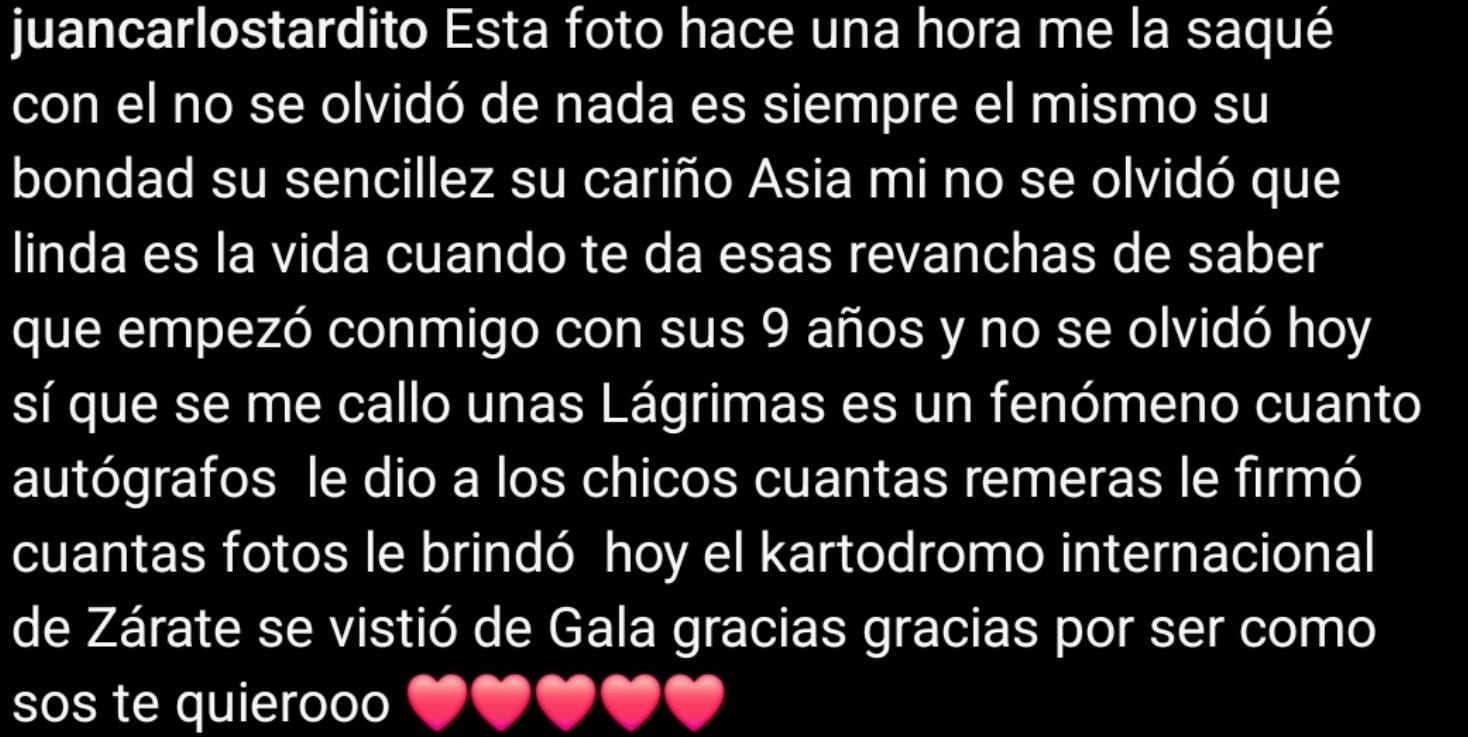 El posteo de Juan Carlos Tardito para Franco Colapinto. (Foto: Instagram).