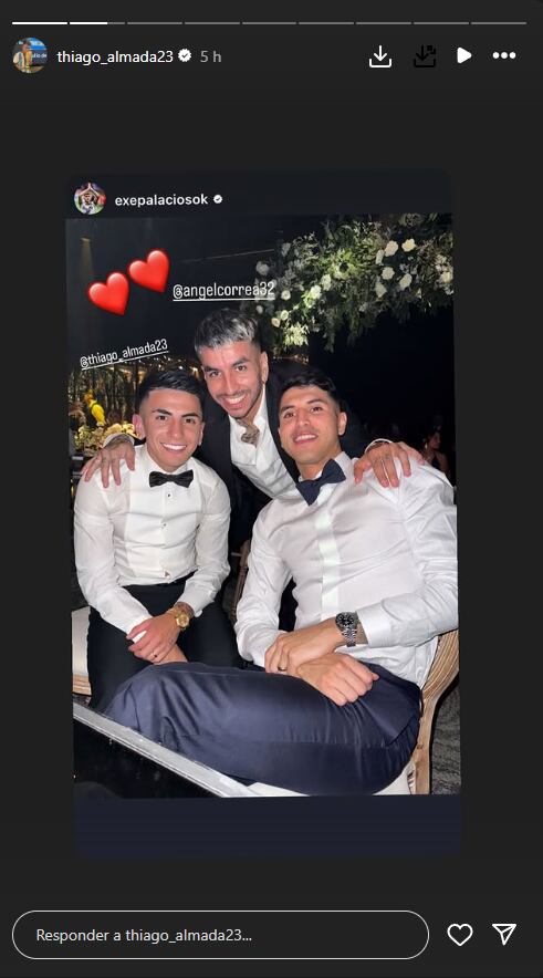 Ángel Correa y Exequiel Palacios, presentes en el casamiento de Thiago Almada (Foto: Instagram @thiago_almada23)