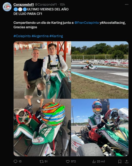 Franco Colapinto volvió a subirse a su karting en Zárate (Foto: X @Corazondef1)