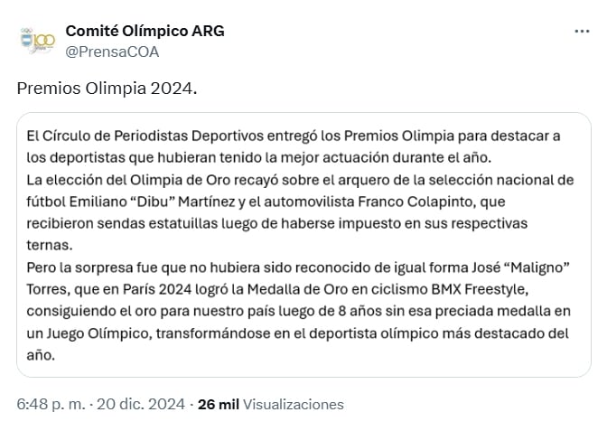 El descargo del Comité Olímpico Argentino por la premiación hacia el arquero de la Selección argentina y el automovilista. (Foto: X/@PrensaCOA).