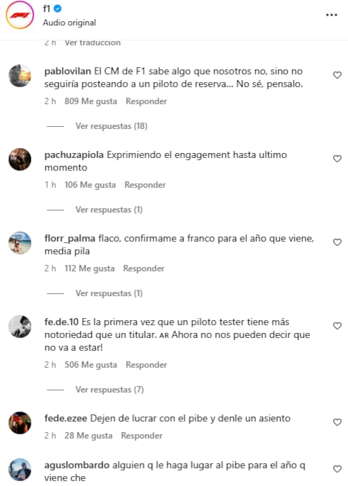 Los mejores comentarios al video de Franco Colapinto