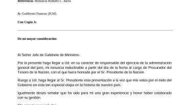 La carta de renuncia de Rodolfo Barra a la Procuración del Tesoro tras ser echado por el Gobierno