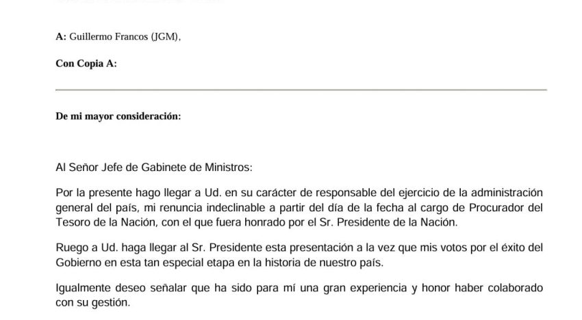 La carta de renuncia de Rodolfo Barra a la Procuración del Tesoro tras ser echado por el Gobierno