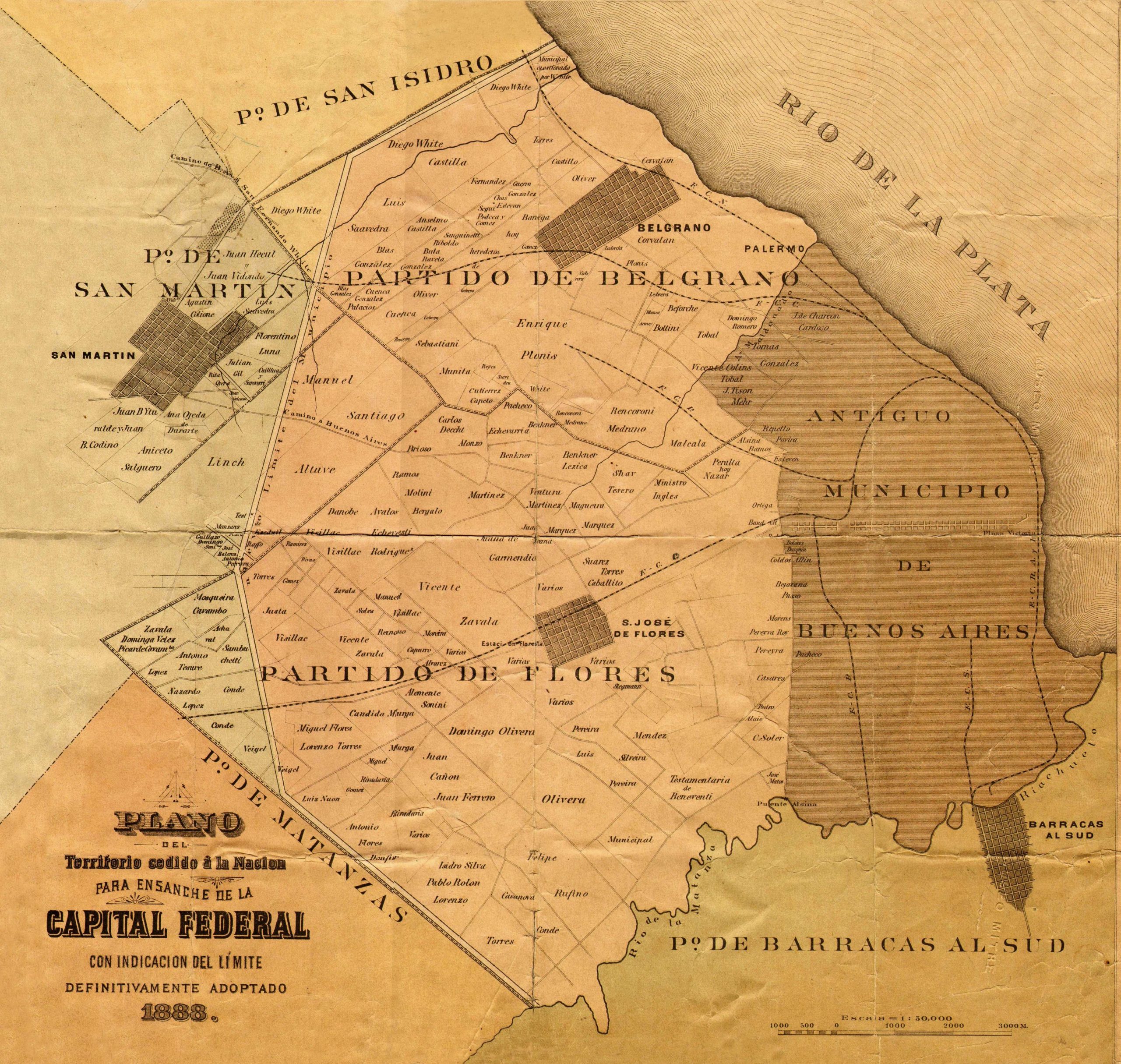 Plano del territorio cedido a la Nación, para el ensanche de la Capital Federal. 1888. Nótese que las porciones de Flores y Belgrano son mucho más grandes que lo que la ciudad medía hasta entonces.