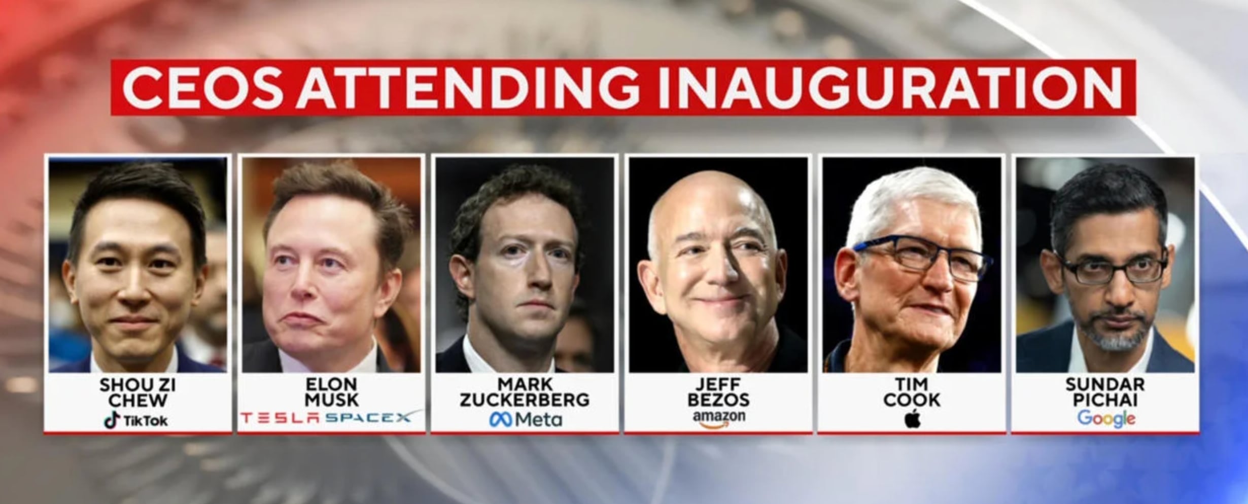 Los directores ejecutivos, incluidos Jeff Bezos, Tim Cook, Elon Musk, Sundar Pichai y Mark Zuckerberg, planean asistir a la toma de posesión del presidente electo Donald Trump el 20 de enero de 2025.