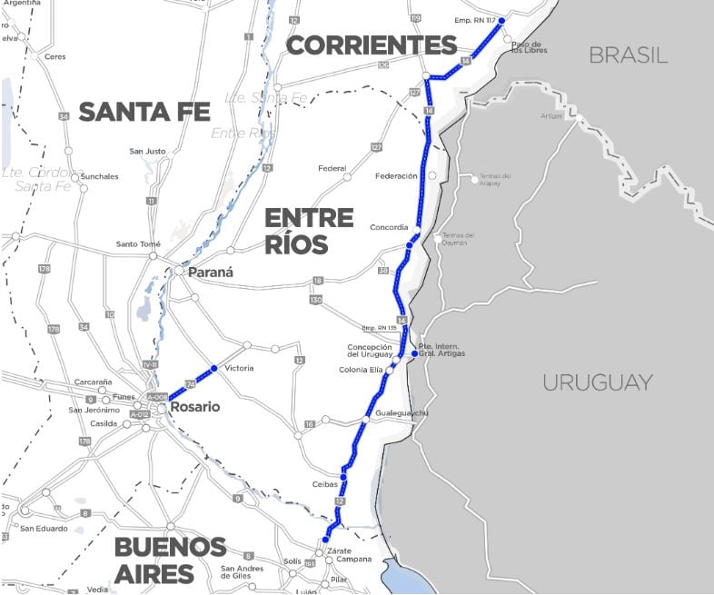 El gobierno avanzará en diciembre en el llamado a licitación para el corredor 18, que atraviesa cuatro provincias y conecta con Uruguay y Brasil. (Foto: Vialidad Nacional)