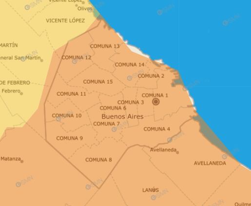 El mapa de la alerta naranja en la Ciudad Autónoma de Buenos Aires (Captura SMN).