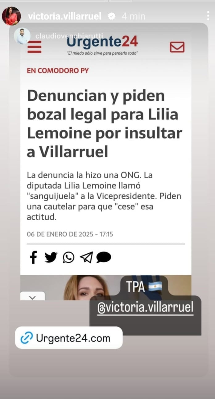 La publicación que compartió Villarruel en sus historias acerca de la noticia de la denuncia