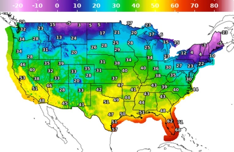 Las temperaturas mínimas previstas para este sábado por la noche en EE.UU.