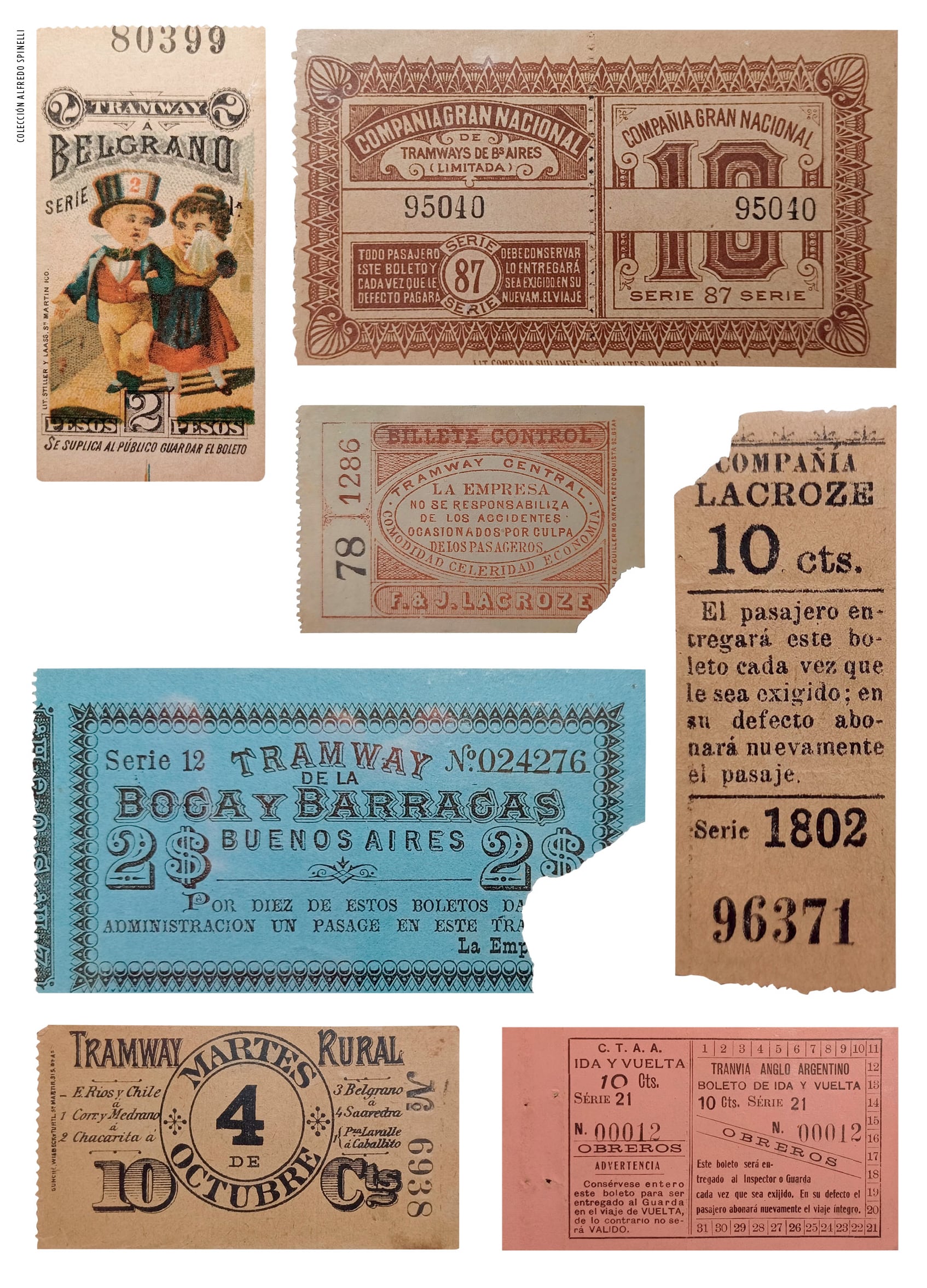 Distintos modelos de boletos, utilizados desde 1870 hasta los años 30. La Municipalidad percibía impuestos por la cantidad de pasajes vendida.