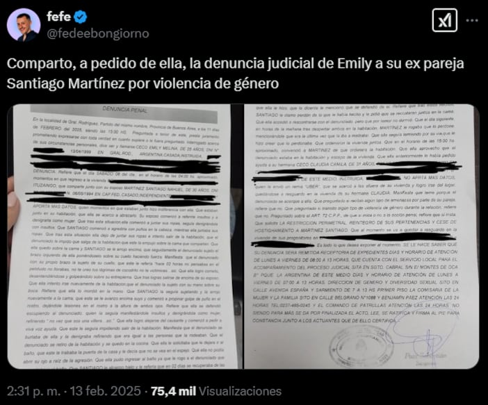 La denuncia penal de Emily Ceco a su marido, Santiago Martínez (Foto: captura X/@fedeebongiorno)