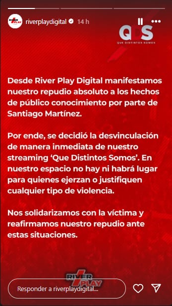 Tras la denuncia de Emily Ceco, desvincularon a Santiago Martínez del programa de streaming Que distintos somos (Foto: Instagram @riverplaydigital)