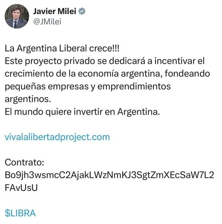 El tuit de Milei, que más tarde borró