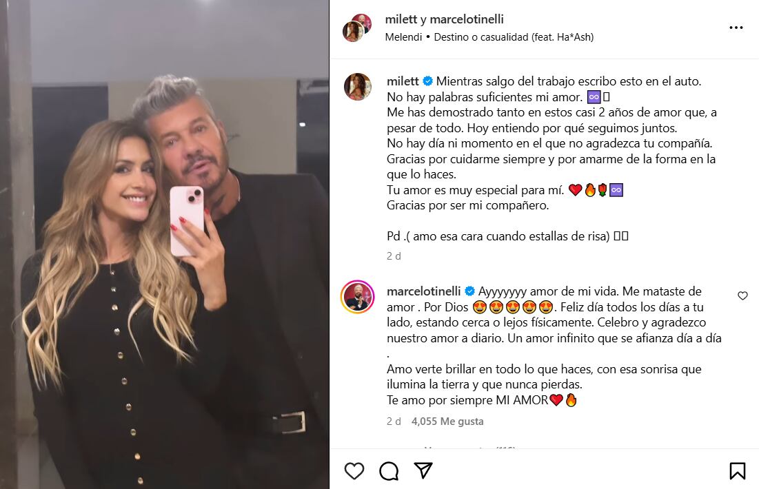 El posteo que Milett Figueroa le dedicó a Marcelo Tinelli por San Valentín. (Foto: Instagram / milett)