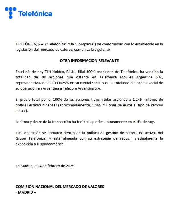 Telefónica confirmó también la operación de compra venta en un memo oficial