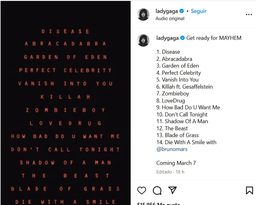 Lady Gaga publicó el listado de temas de su próximo disco en su cuenta de Instagram.