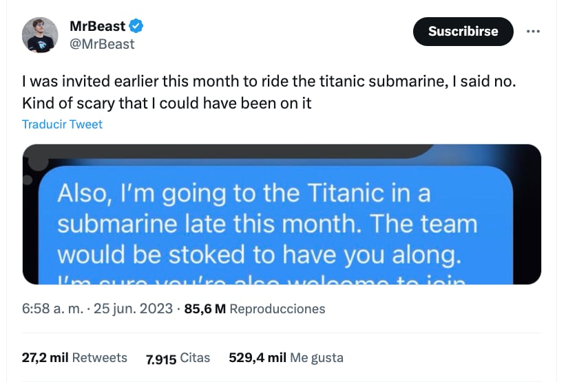 Mr Beast fue invitado a participar en el viaje hasta el fondo del océano para avistar los restos del Titanic a bordo del submarino Titán de la empresa OceanGate, que implosionó el 18 de junio de 2023 durante el descenso.