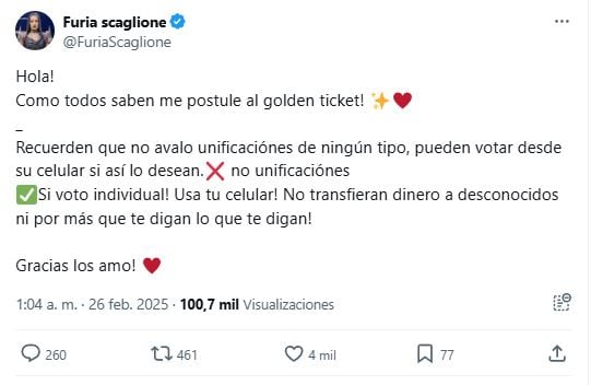 Furia Scaglione hizo una advertencia al decidir anotarse para el Golden Ticket. (Foto: X/FuriaScaglione)