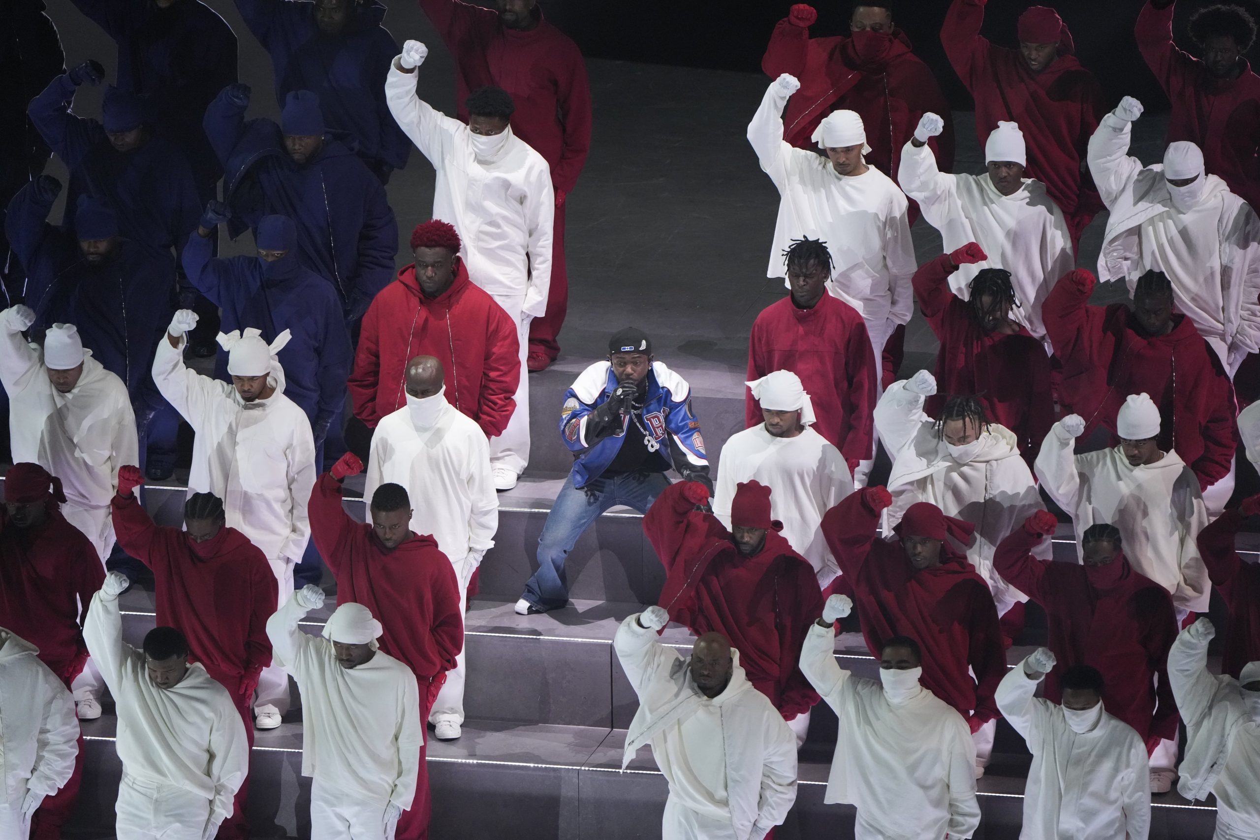 Kendrick Lamar performs during halftime of the NFL Super Bowl 59 football game between the Kansas City Chiefs and the Philadelphia Eagles, Sunday, Feb. 9, 2025, in New Orleans. (AP Photo/Charlie Riedel)