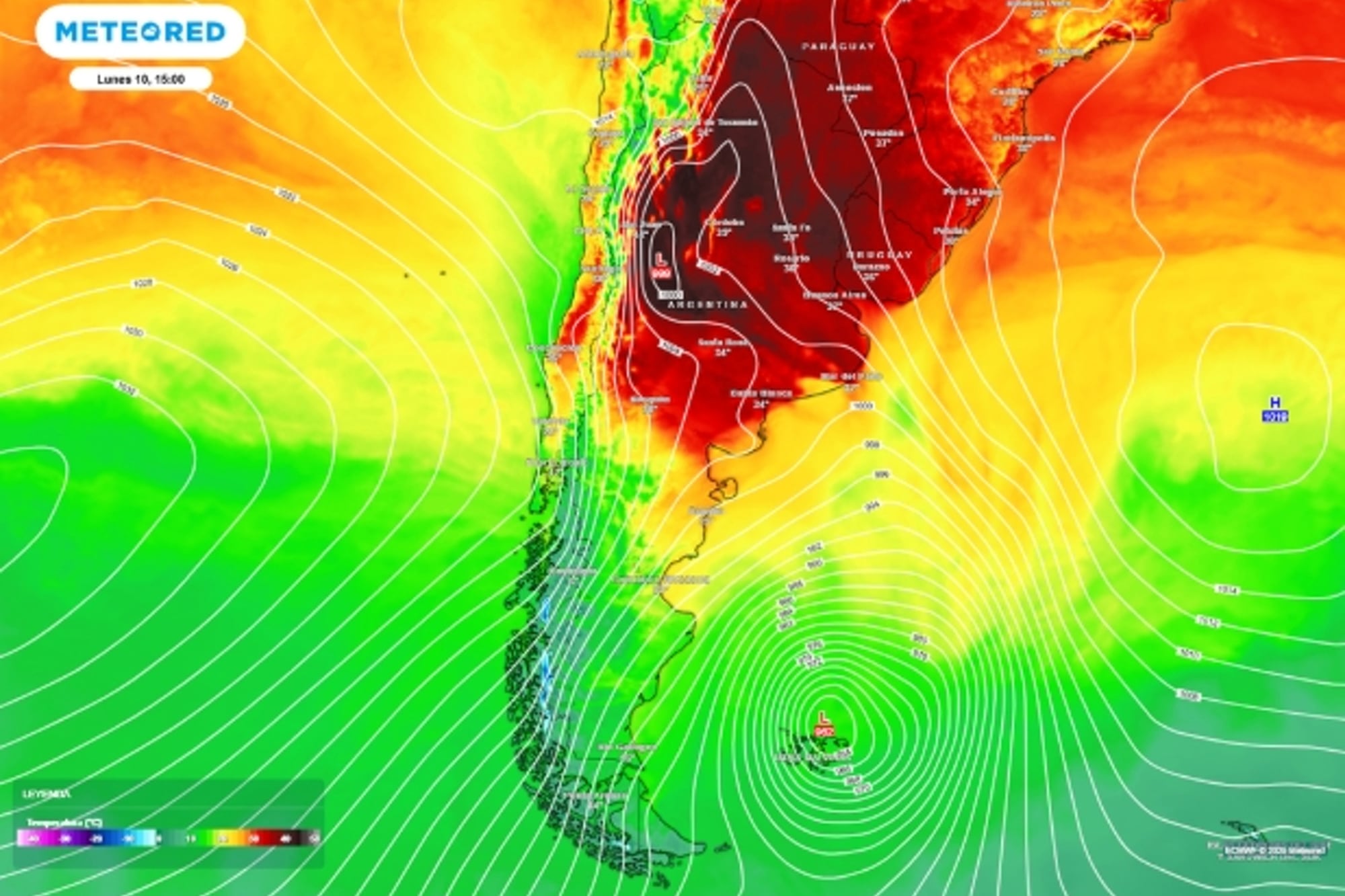 Mapa de calor elaborado por Meteored a partir de las temperaturas pronosticadas