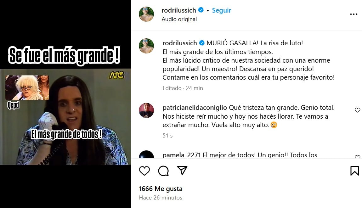 La publicación de Rodrigo Lussich ante la muerte de Antonio Gasalla