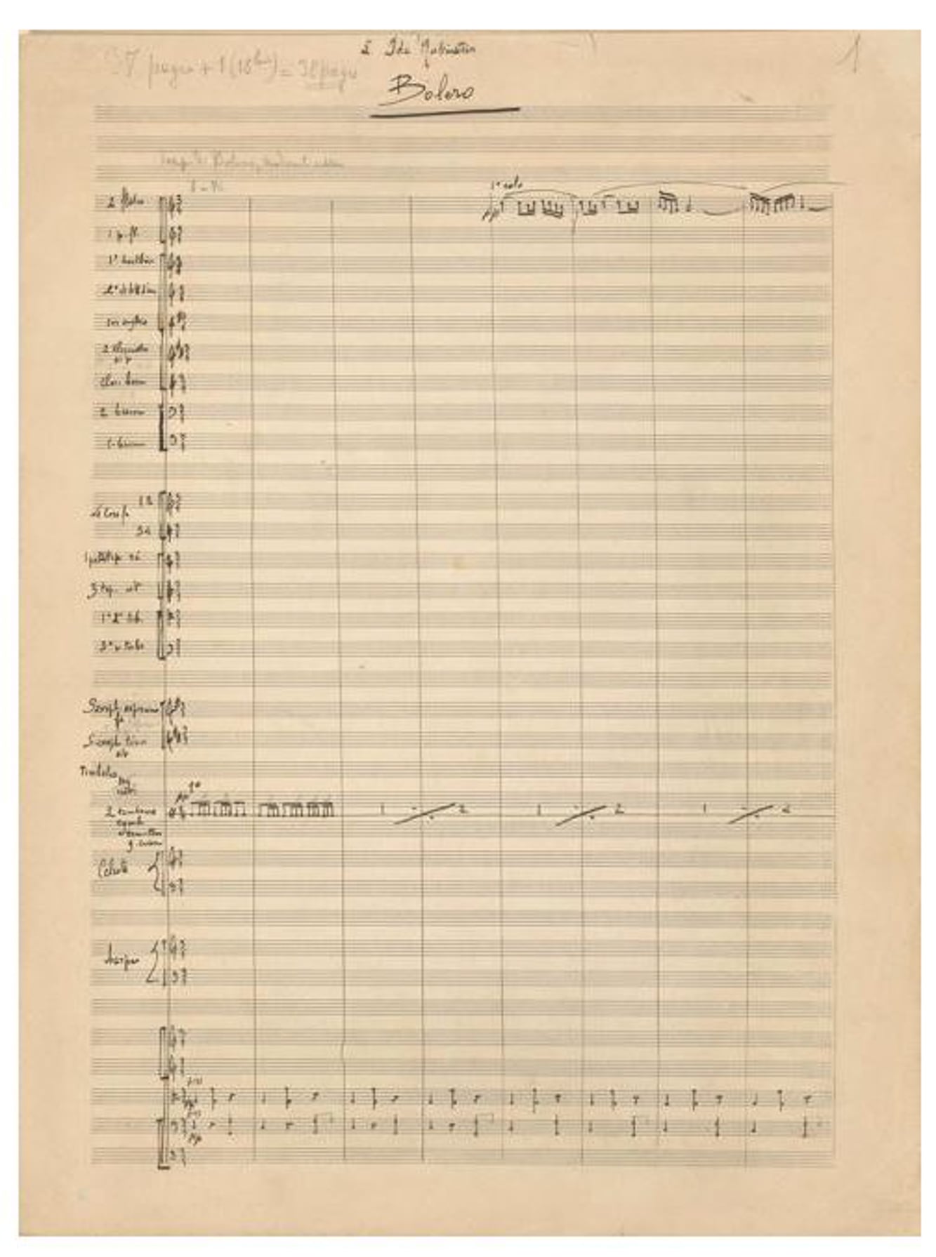 Partitura original de el Bolero de Ravel (1928).